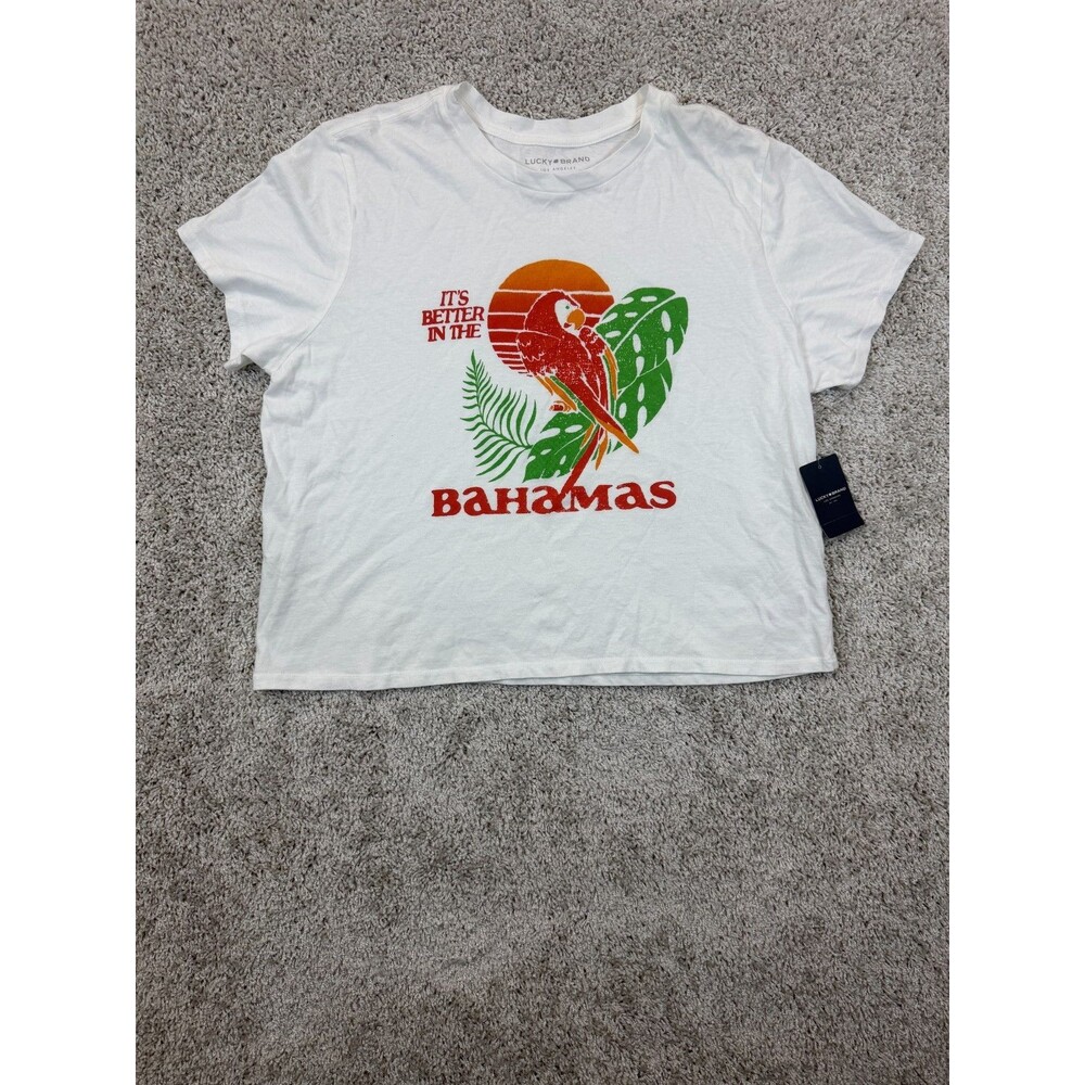 NWT Lucky Brand Womens Bahamas Parrot White Tropical Graphic Crew Neck T-Shirt